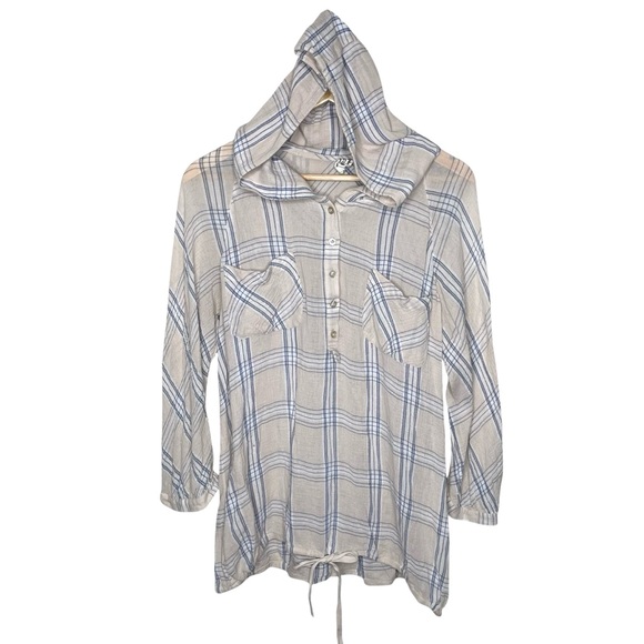 Free People Plaid Gauzy Pullover Hoodie Shirt Tan Large - Picture 2 of 10